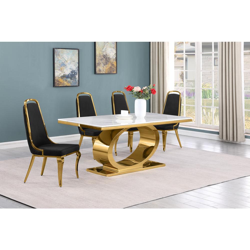 5pc Small(68") marble top dining set with gold base and 4 Black side chairs. Picture 5