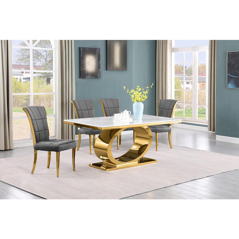 5pc Small(68") marble top dining set with gold base and 4 Dark grey side chairs. Picture 5