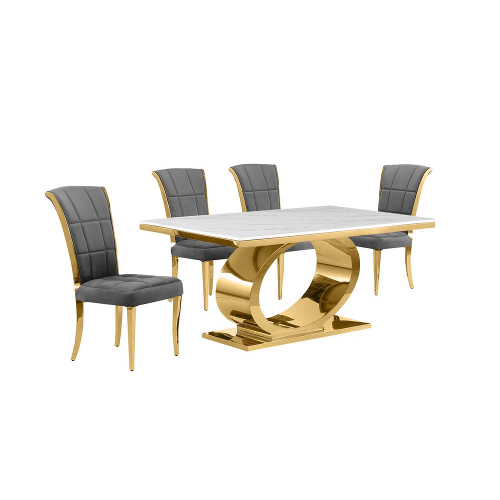 5pc Small(68") marble top dining set with gold base and 4 Dark grey side chairs. Picture 1