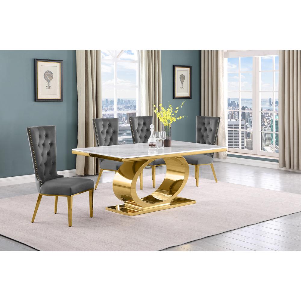 5pc Small(68") marble top dining set with gold base and 4 Dark grey side chairs. Picture 5