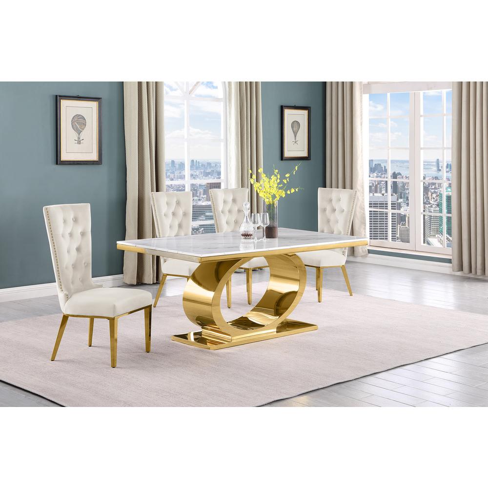 5pc Small(68") marble top dining set with gold base and 4 Cream side chairs. Picture 5