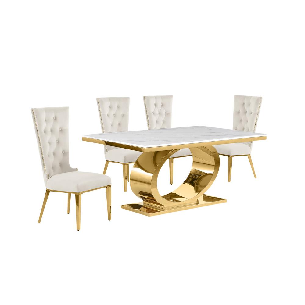 5pc Small(68") marble top dining set with gold base and 4 Cream side chairs. Picture 1