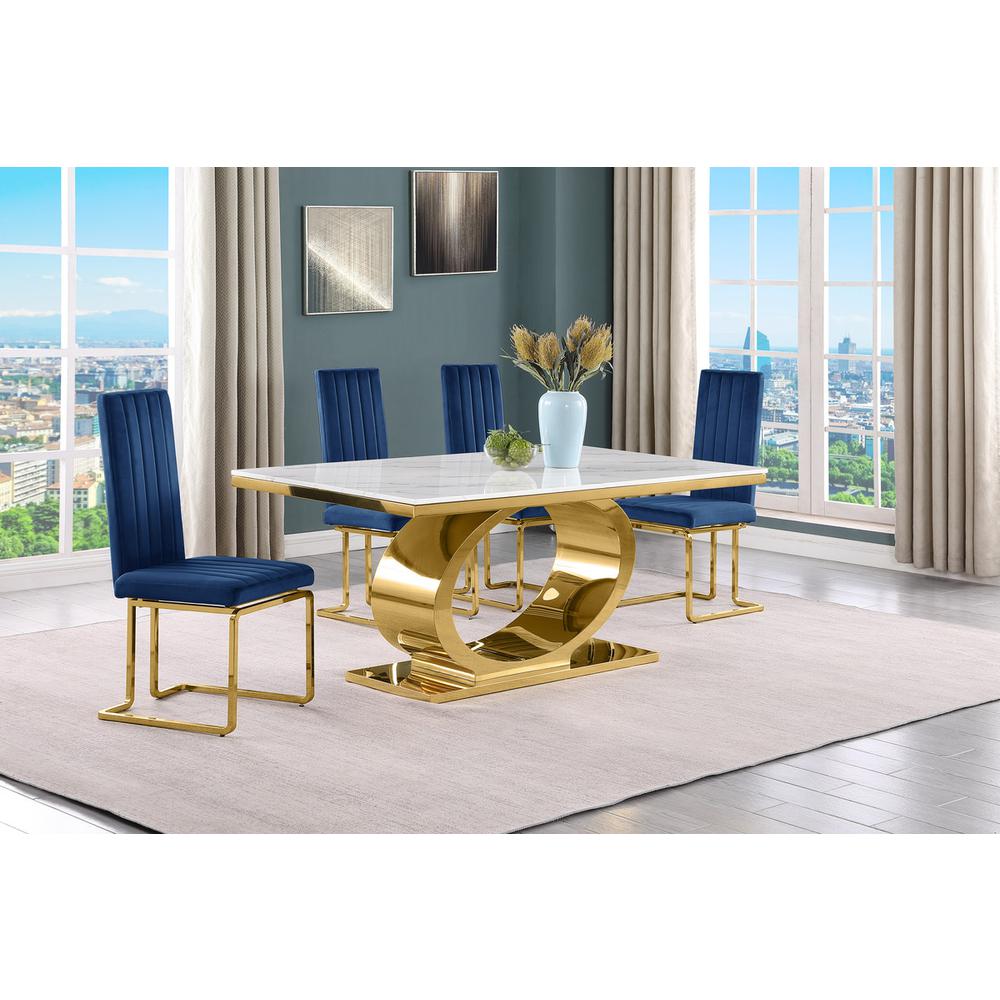 5pc Small(68") marble top dining set with gold base and 4 Navy blue side chairs. Picture 5