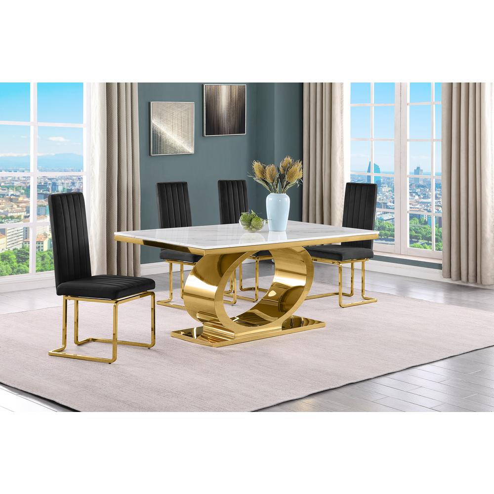 5pc Small(68") marble top dining set with gold base and 4 Black side chairs. Picture 5