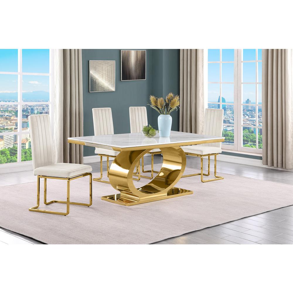 5pc Small(68") marble top dining set with gold base and 4 Cream side chairs. Picture 5