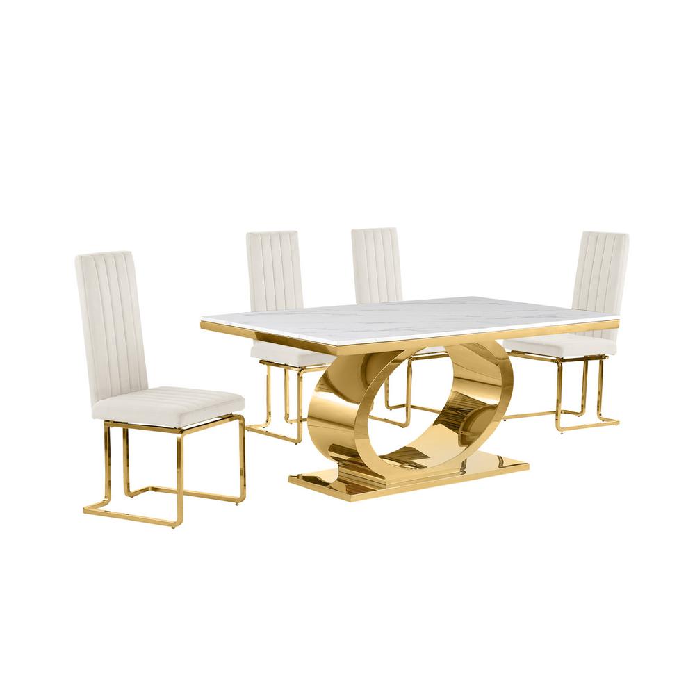 5pc Small(68") marble top dining set with gold base and 4 Cream side chairs. Picture 1