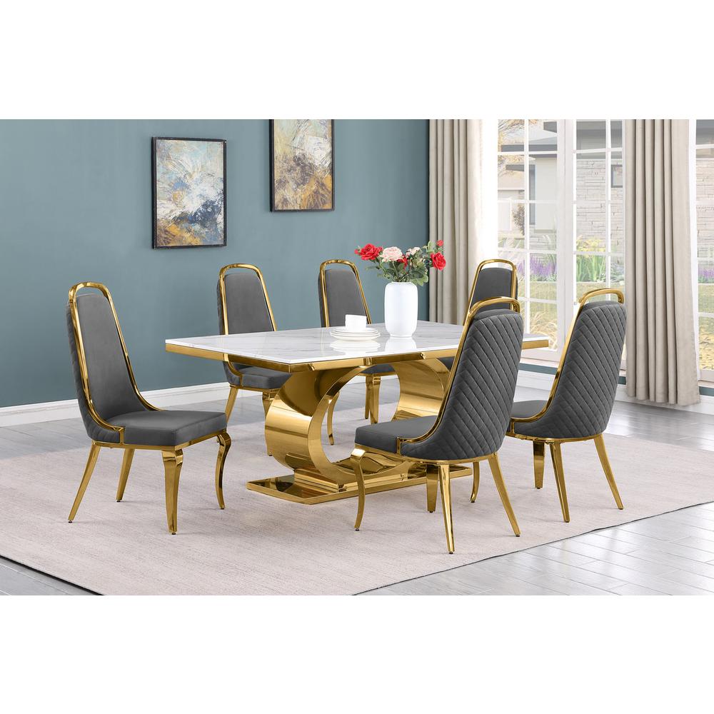 7pc Small(68") marble top dining set with gold base and 6 Dark grey side chairs. Picture 5