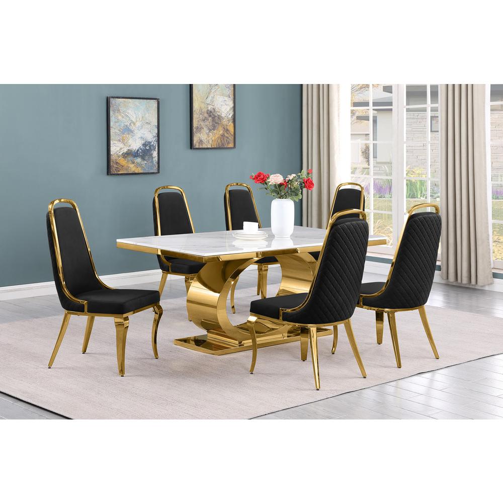 7pc Small(68") marble top dining set with gold base and 6 Black side chairs. Picture 5