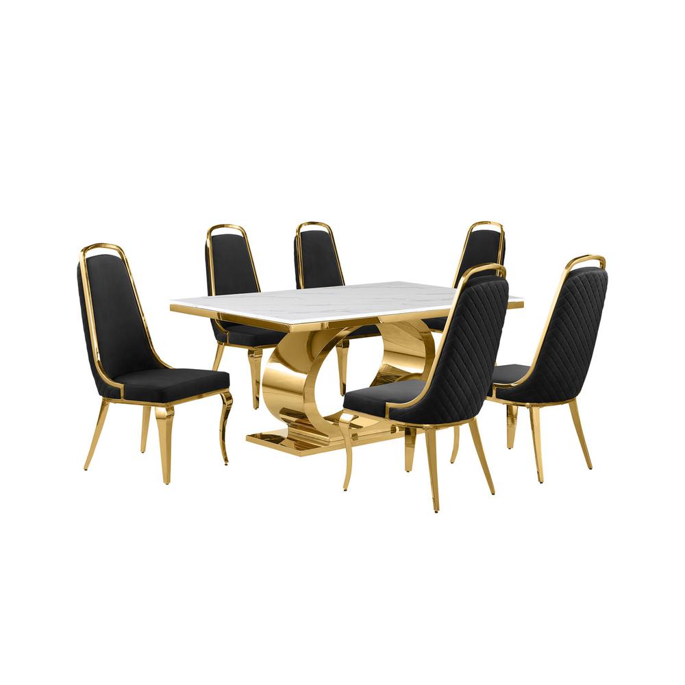 7pc Small(68") marble top dining set with gold base and 6 Black side chairs. Picture 1