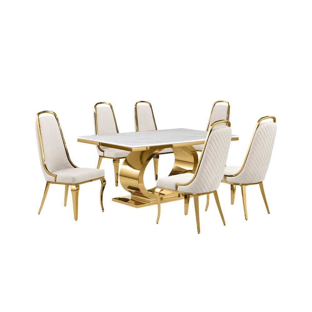 7pc Small(68") marble top dining set with gold base and 6 Cream side chairs. Picture 1