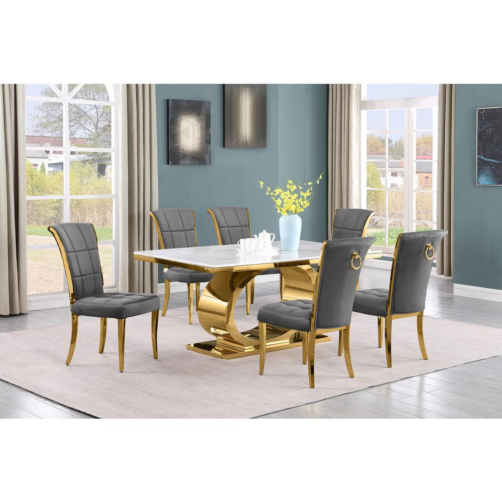 7pc Small(68") marble top dining set with gold base and 6 Dark grey side chairs. Picture 5