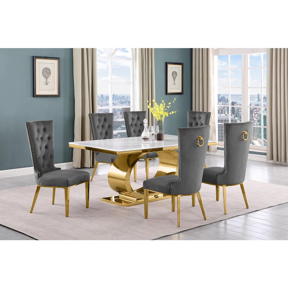 7pc Small(86") marble top dining set with gold base and 6 Dark grey side chairs. Picture 5
