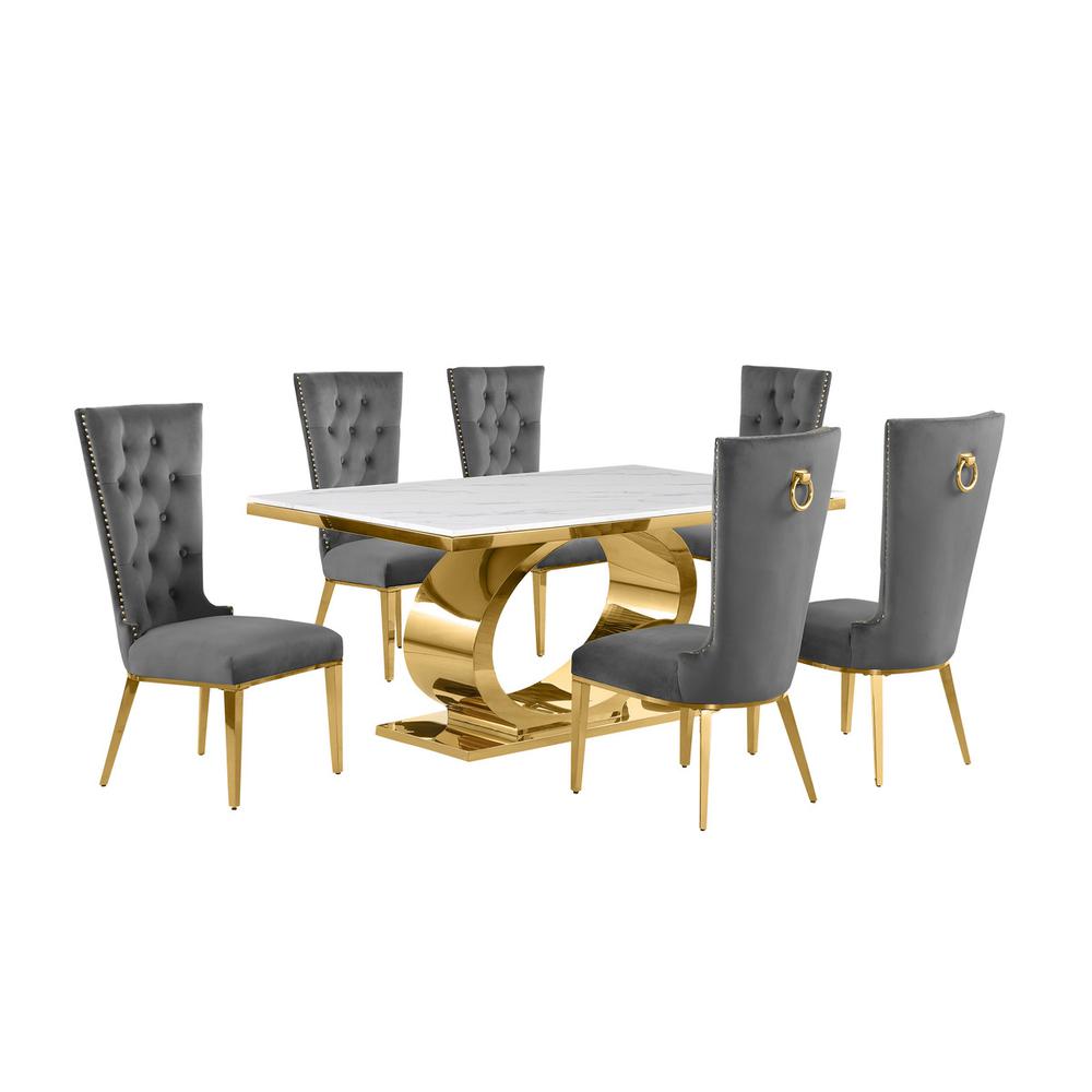 7pc Small(86") marble top dining set with gold base and 6 Dark grey side chairs. Picture 1