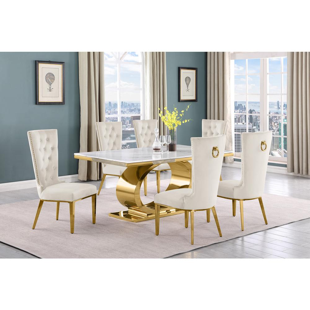 7pc Small(68") marble top dining set with gold base and 6 Cream side chairs. Picture 5
