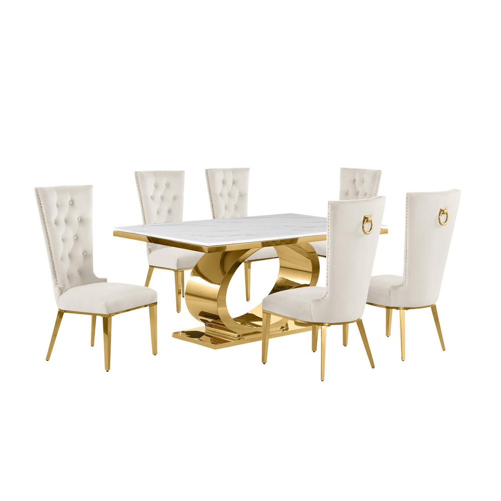 7pc Small(68") marble top dining set with gold base and 6 Cream side chairs. Picture 1