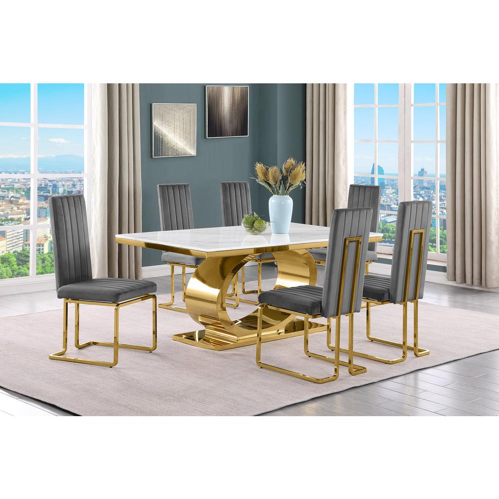 7pc Small(86") marble top dining set with gold base and 6 Dark grey side chairs. Picture 5