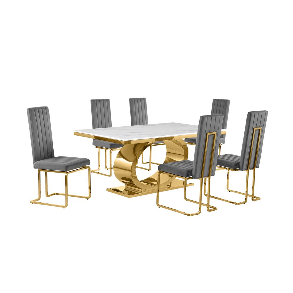 7pc Small(86") marble top dining set with gold base and 6 Dark grey side chairs. Picture 1