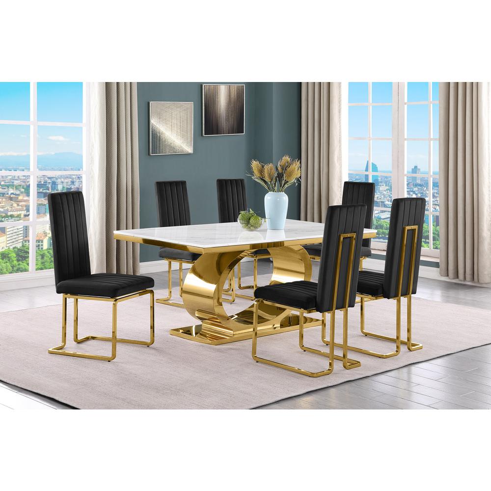 7pc Small(68") marble top dining set with gold base and 6 Black side chairs. Picture 5