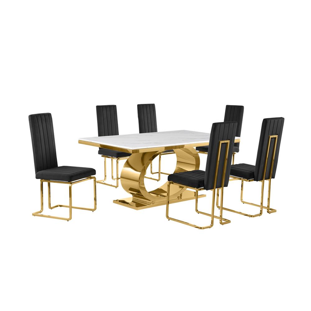 7pc Small(68") marble top dining set with gold base and 6 Black side chairs. Picture 1