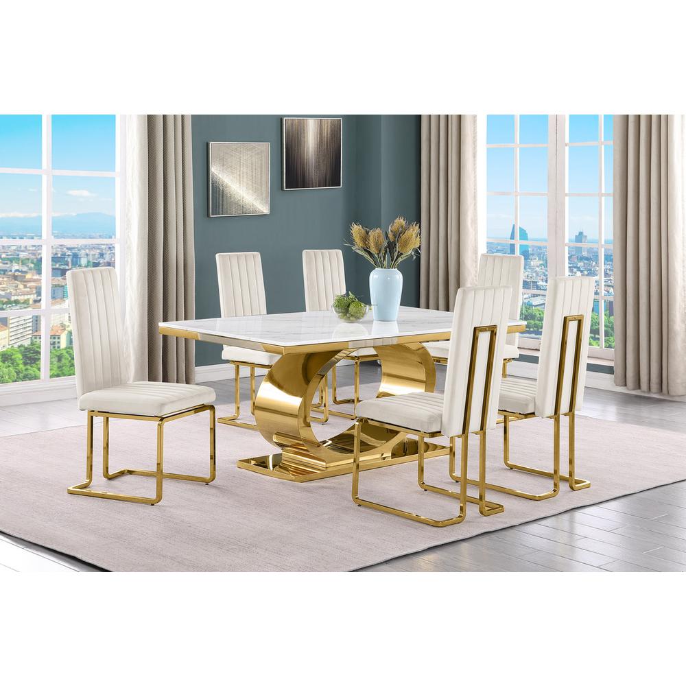 7pc Small(68") marble top dining set with gold base and 6 Cream side chairs. Picture 5