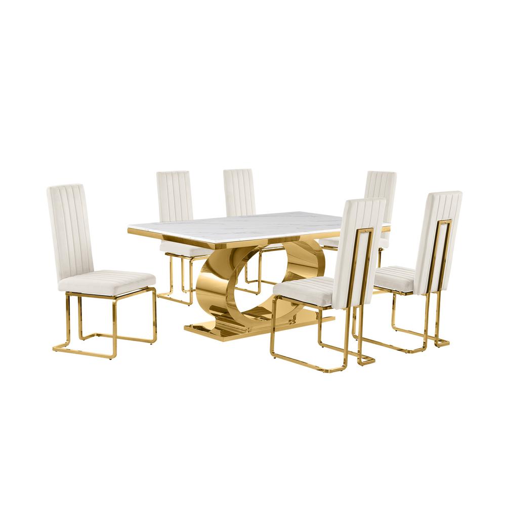 7pc Small(68") marble top dining set with gold base and 6 Cream side chairs. Picture 1