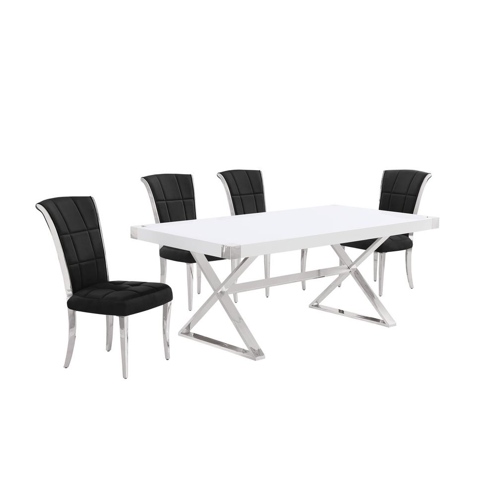 5pc Small(78") white wood top dining set with silver base and 4 chairs. Picture 1
