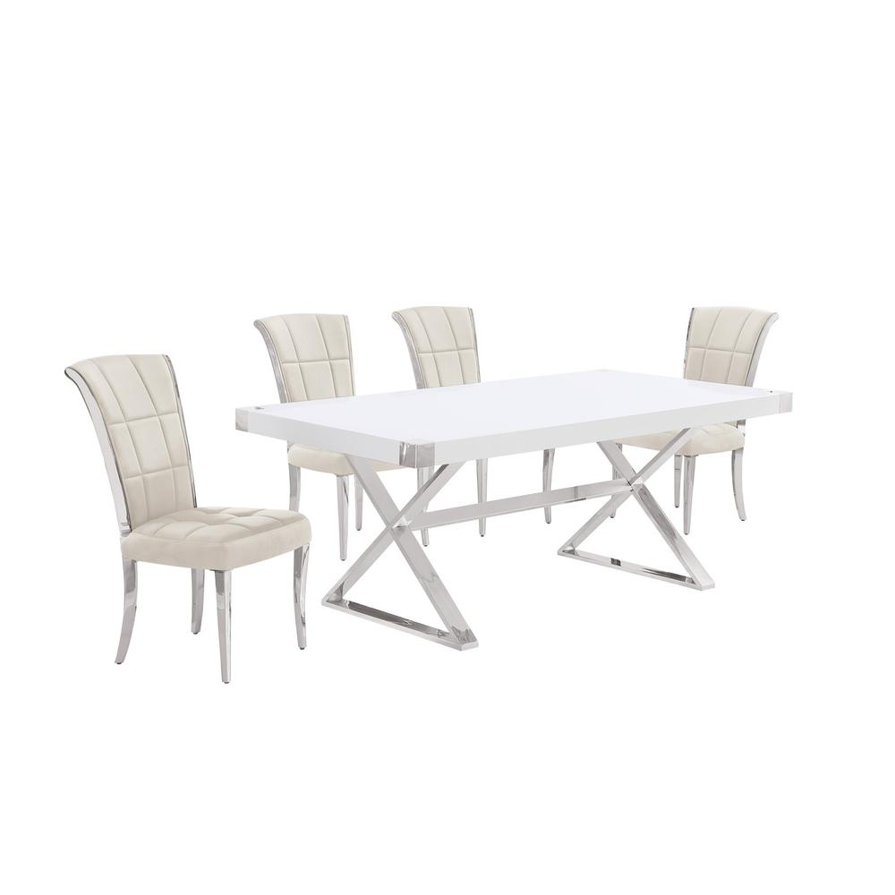 5pc Small(78") white wood top dining set with silver base and 4 chairs. Picture 1