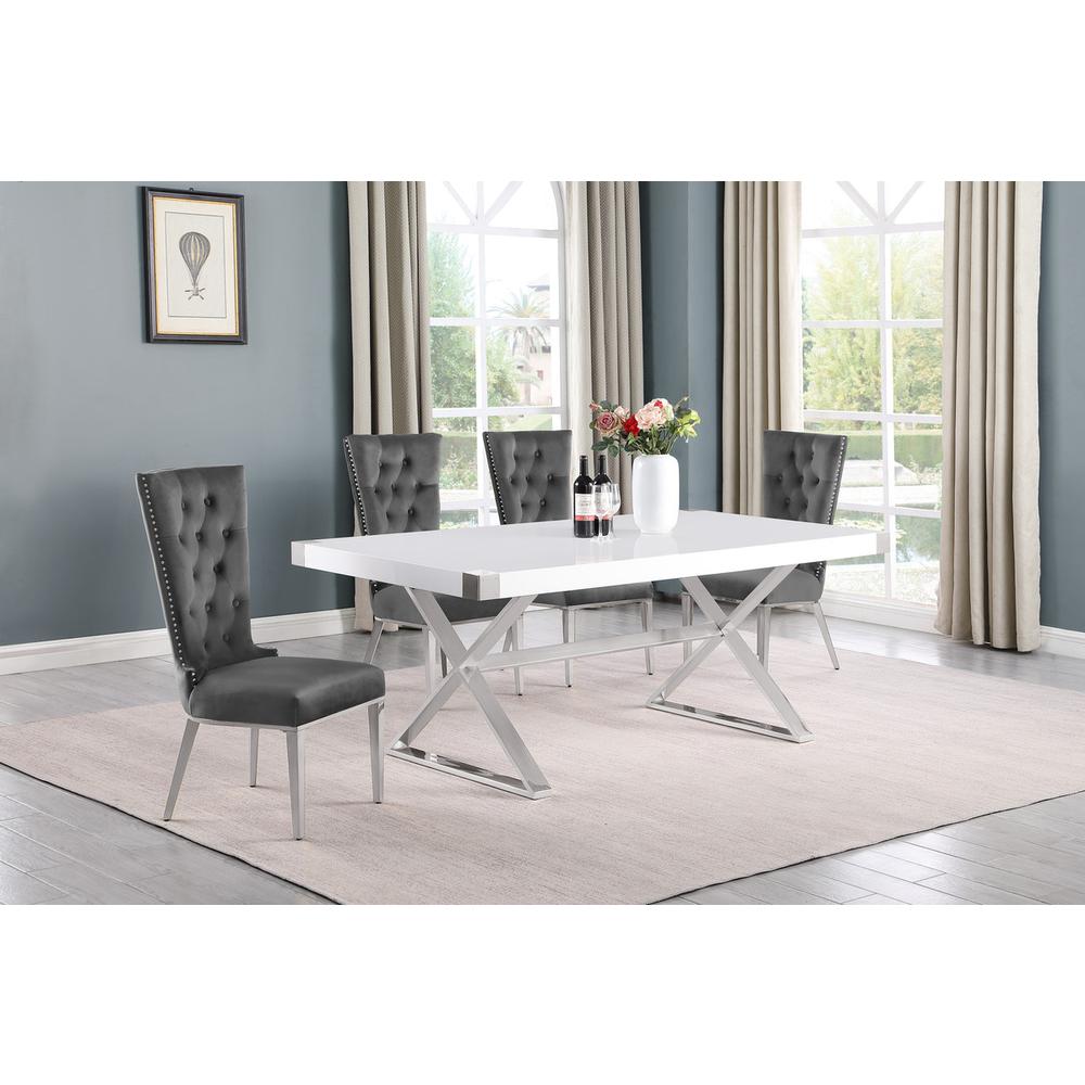 5pc Small(78") white wood top dining set with silver base and 4 chairs. Picture 4