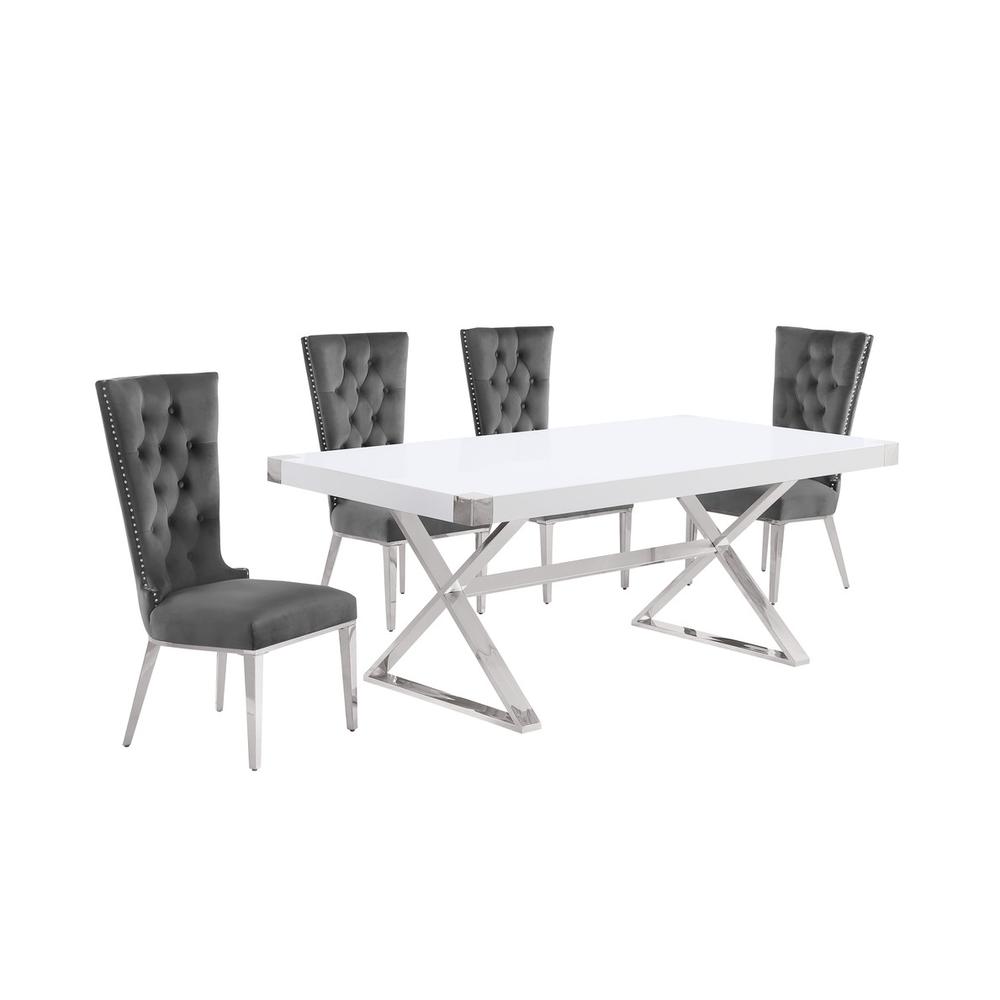 5pc Small(78") white wood top dining set with silver base and 4 chairs. Picture 1