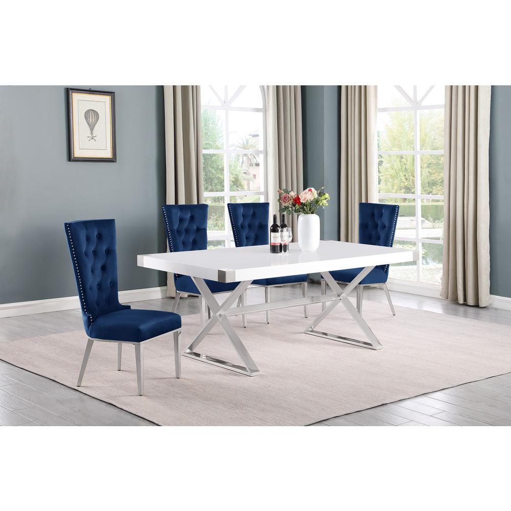 5pc Small(78") white wood top dining set with silver base and 4 chairs. Picture 4