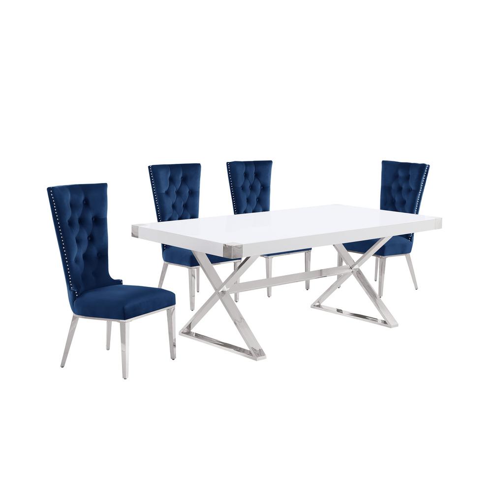 5pc Small(78") white wood top dining set with silver base and 4 chairs. Picture 1
