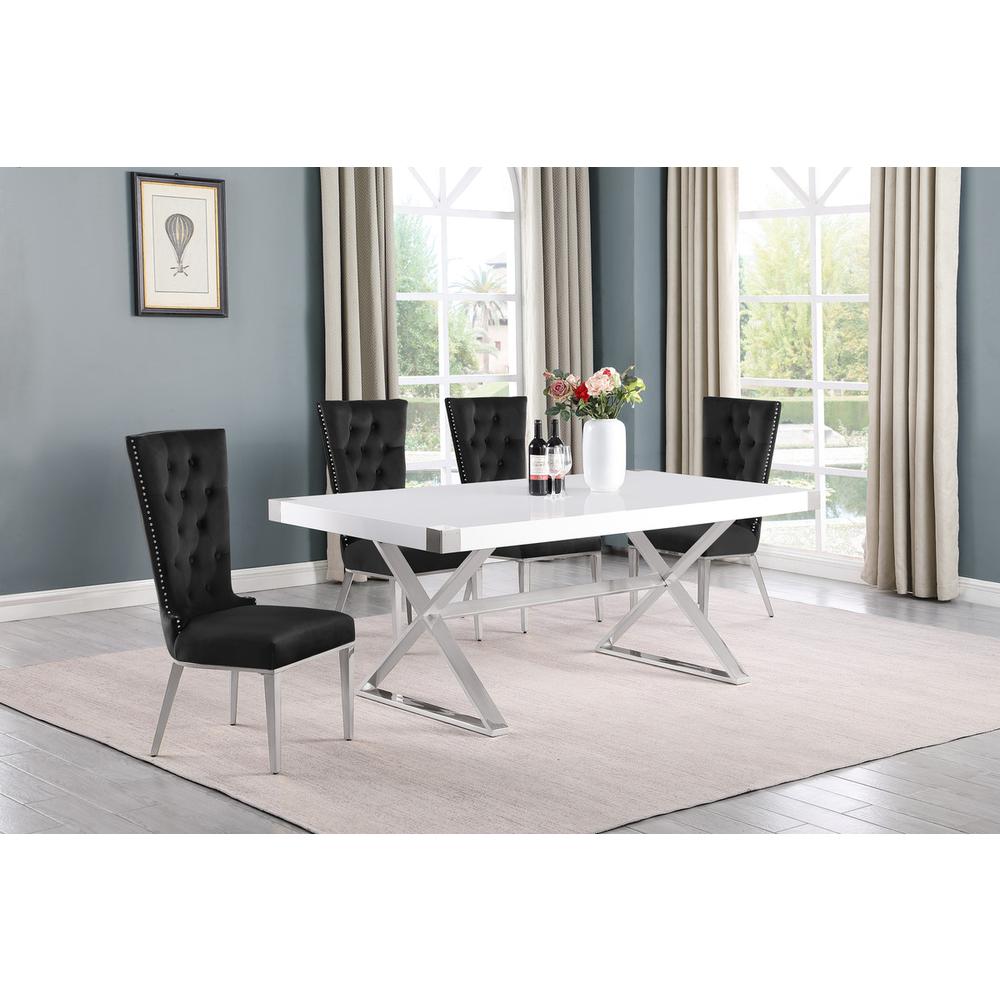 5pc Small(78") white wood top dining set with silver base and 4 chairs. Picture 4