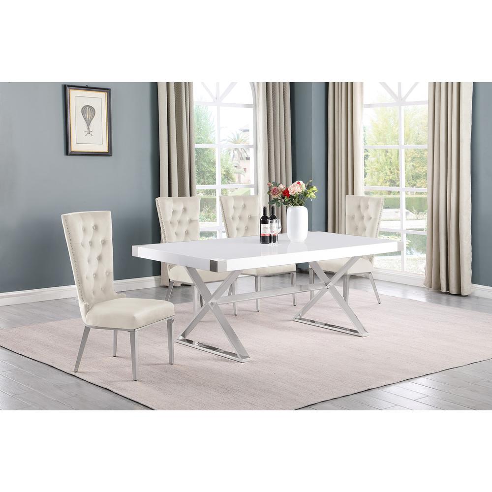 5pc Small(78") white wood top dining set with silver base and 4 chairs. Picture 4
