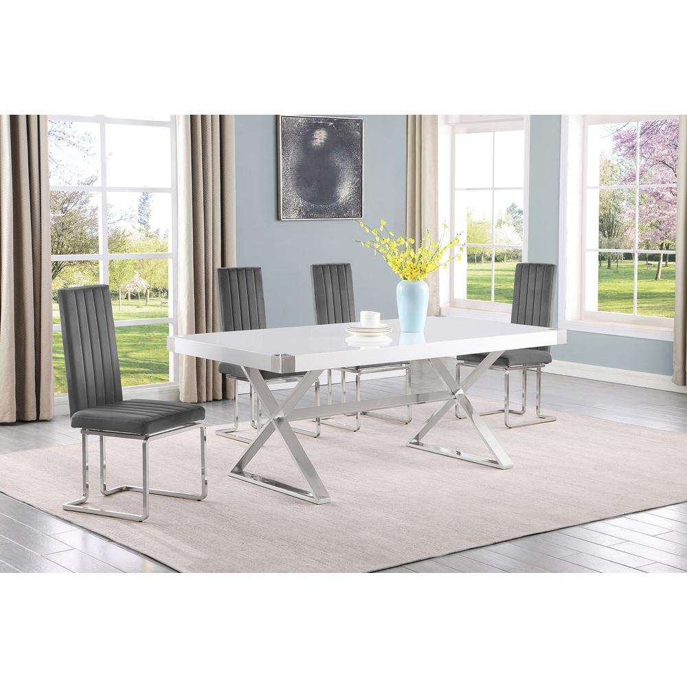 5pc Small(78") white wood top dining set with silver base and 4 chairs. Picture 4