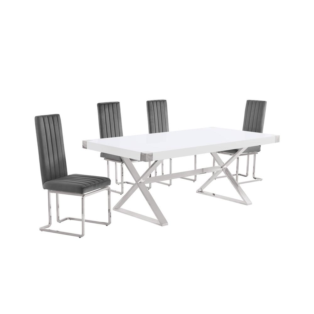 5pc Small(78") white wood top dining set with silver base and 4 chairs. Picture 1