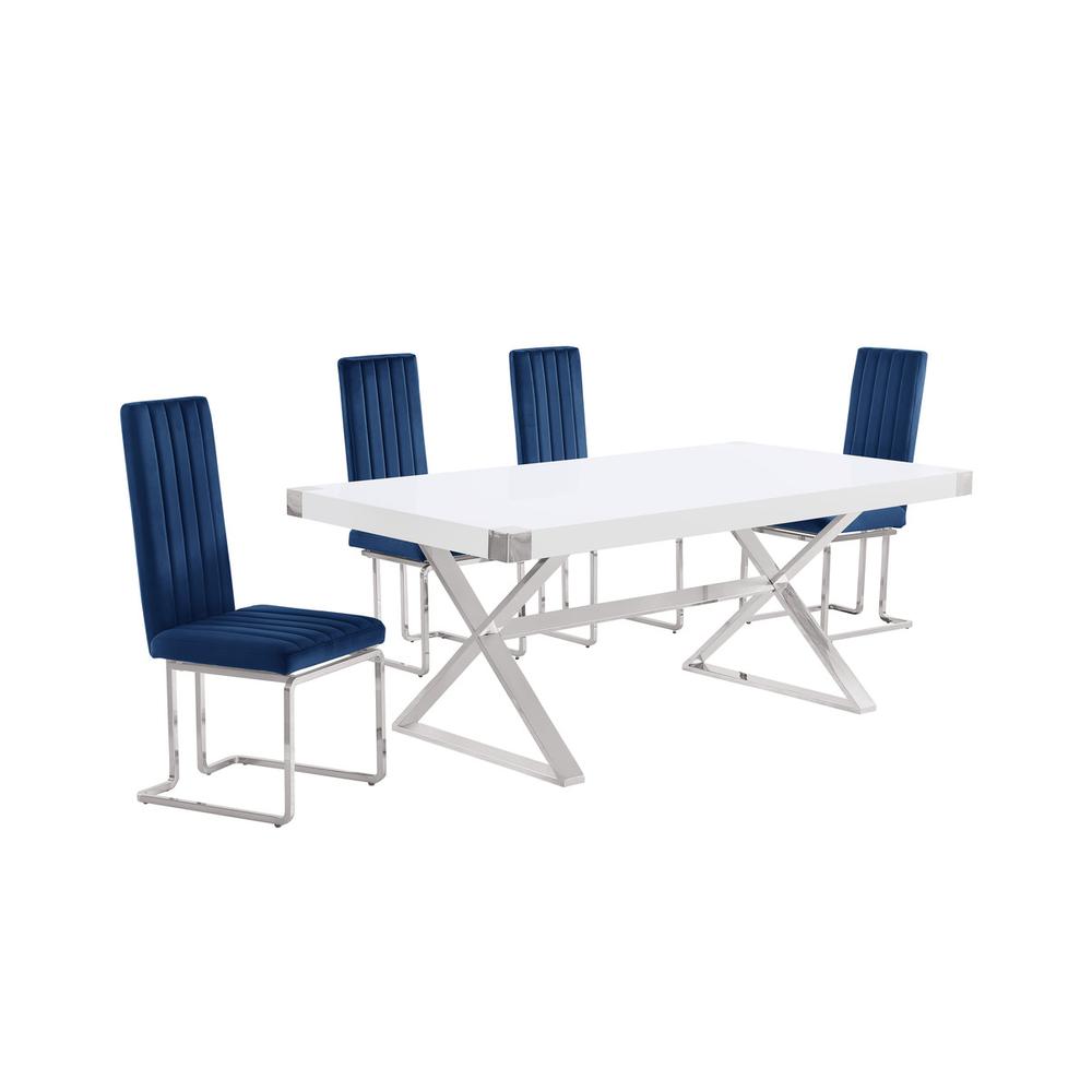 5pc Small(78") white wood top dining set with silver base and 4 chairs. Picture 1