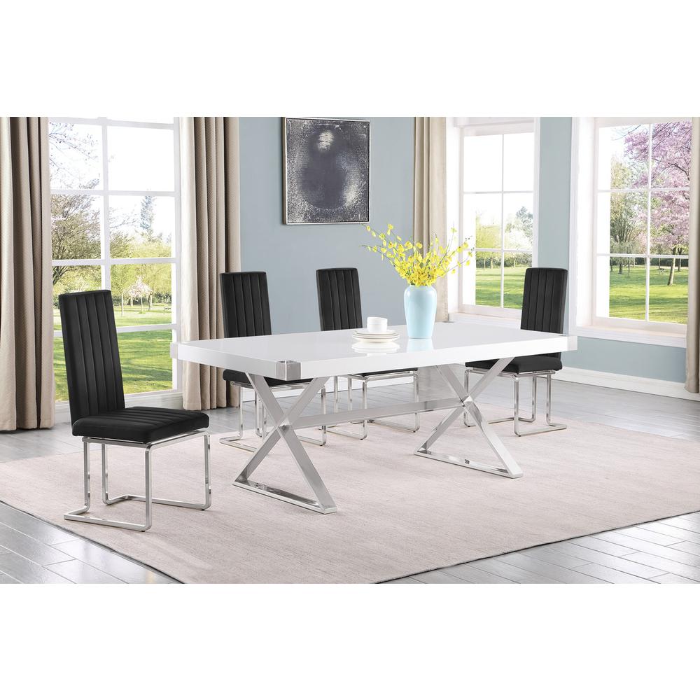 5pc Small(78") white wood top dining set with silver base and 4 chairs. Picture 4