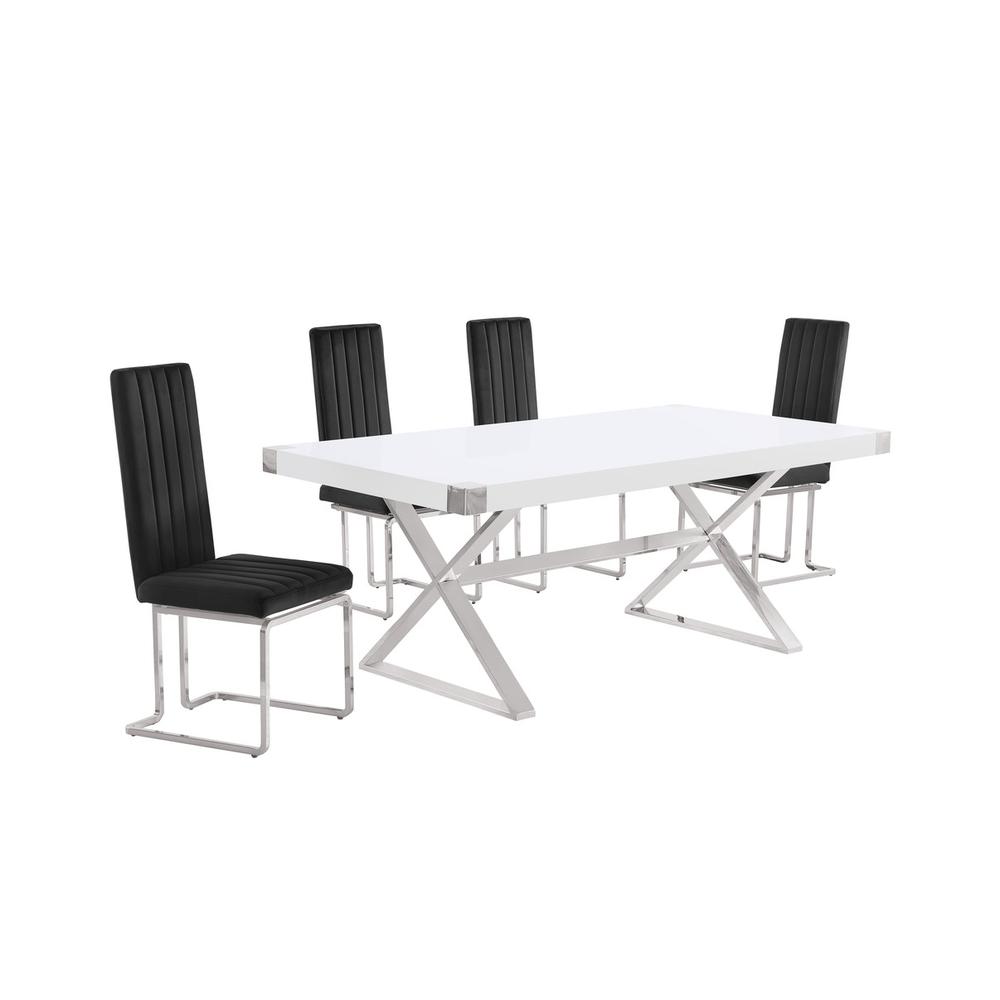 5pc Small(78") white wood top dining set with silver base and 4 chairs. Picture 1