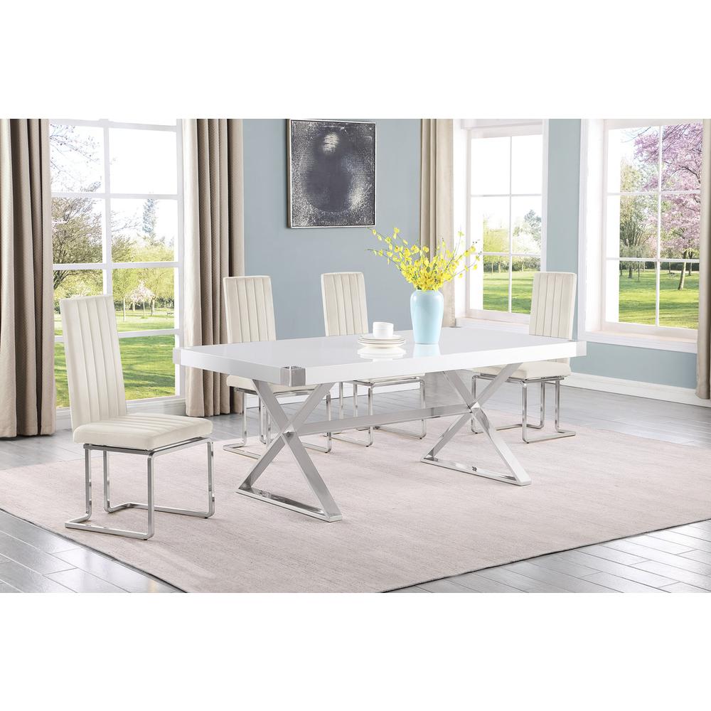 5pc Small(78") white wood top dining set with silver base and 4 chairs. Picture 4