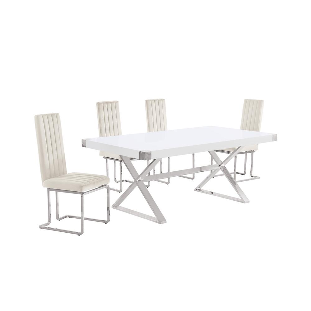 5pc Small(78") white wood top dining set with silver base and 4 chairs. Picture 1