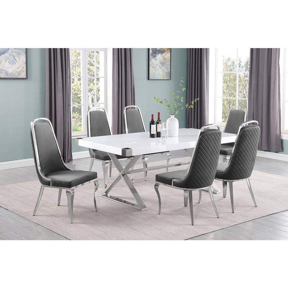 7pc Small(78") white wood top dining set with silver base and 6 side chiars. Picture 1