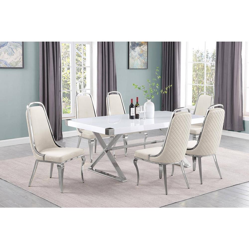 7pc Small(78") white wood top dining set with silver base and 6 side chairs. Picture 1