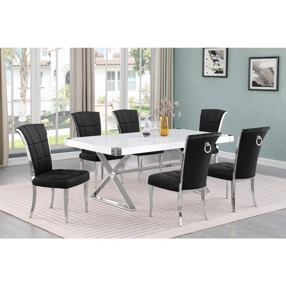 7pc Small(78") white wood top dining set with silver base and 6 chairs. Picture 4