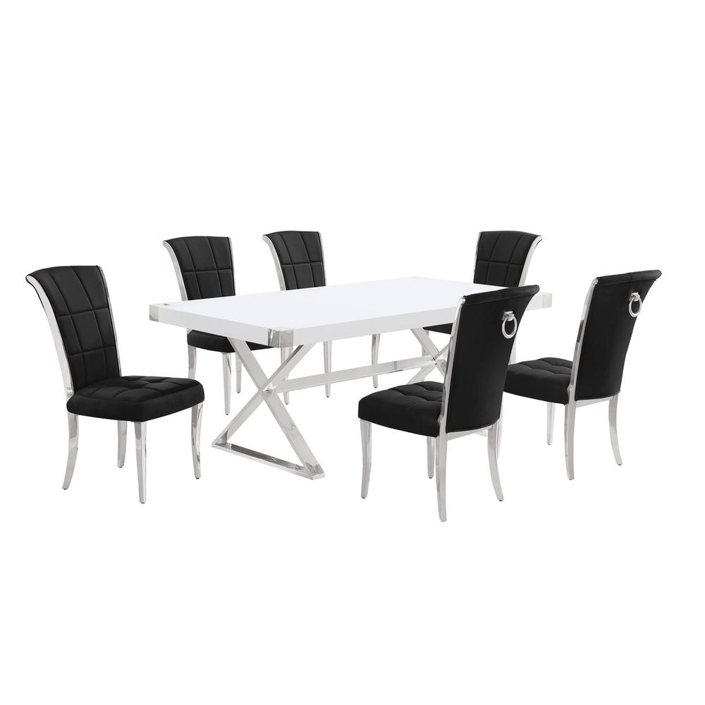 7pc Small(78") white wood top dining set with silver base and 6 chairs. Picture 1