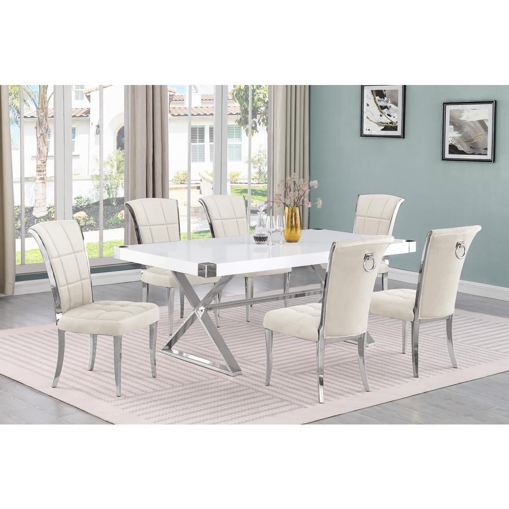 7pc Small(78") white wood top dining set with silver base and 6 chairs. Picture 4