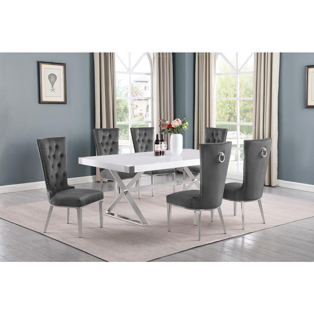 7pc Small(78") white wood top dining set with silver base and 6 chiars. Picture 4