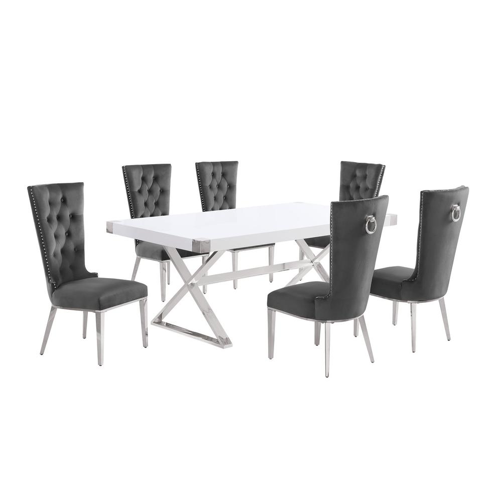 7pc Small(78") white wood top dining set with silver base and 6 chiars. Picture 1