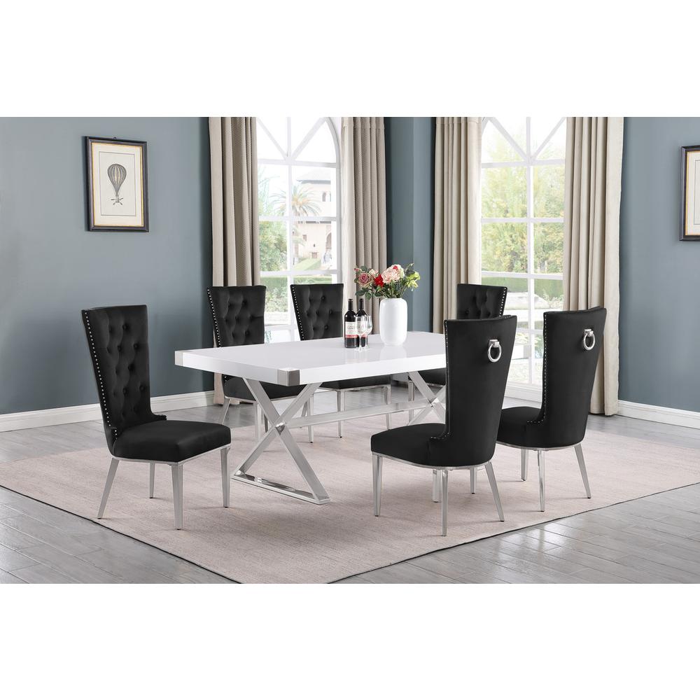 7pc Small(78") white wood top dining set with silver base and 6 chairs. Picture 4