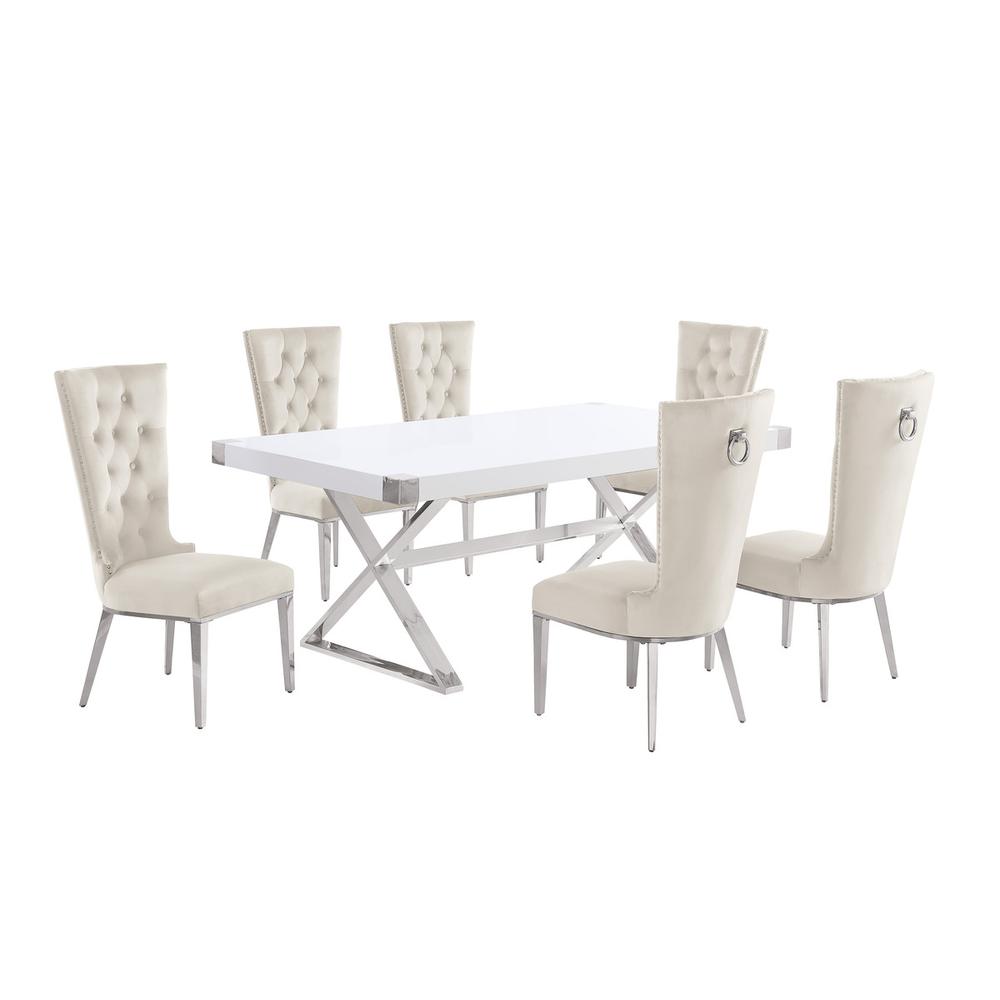 7pc Small(78") white wood top dining set with silver base and 6 chairs. Picture 1