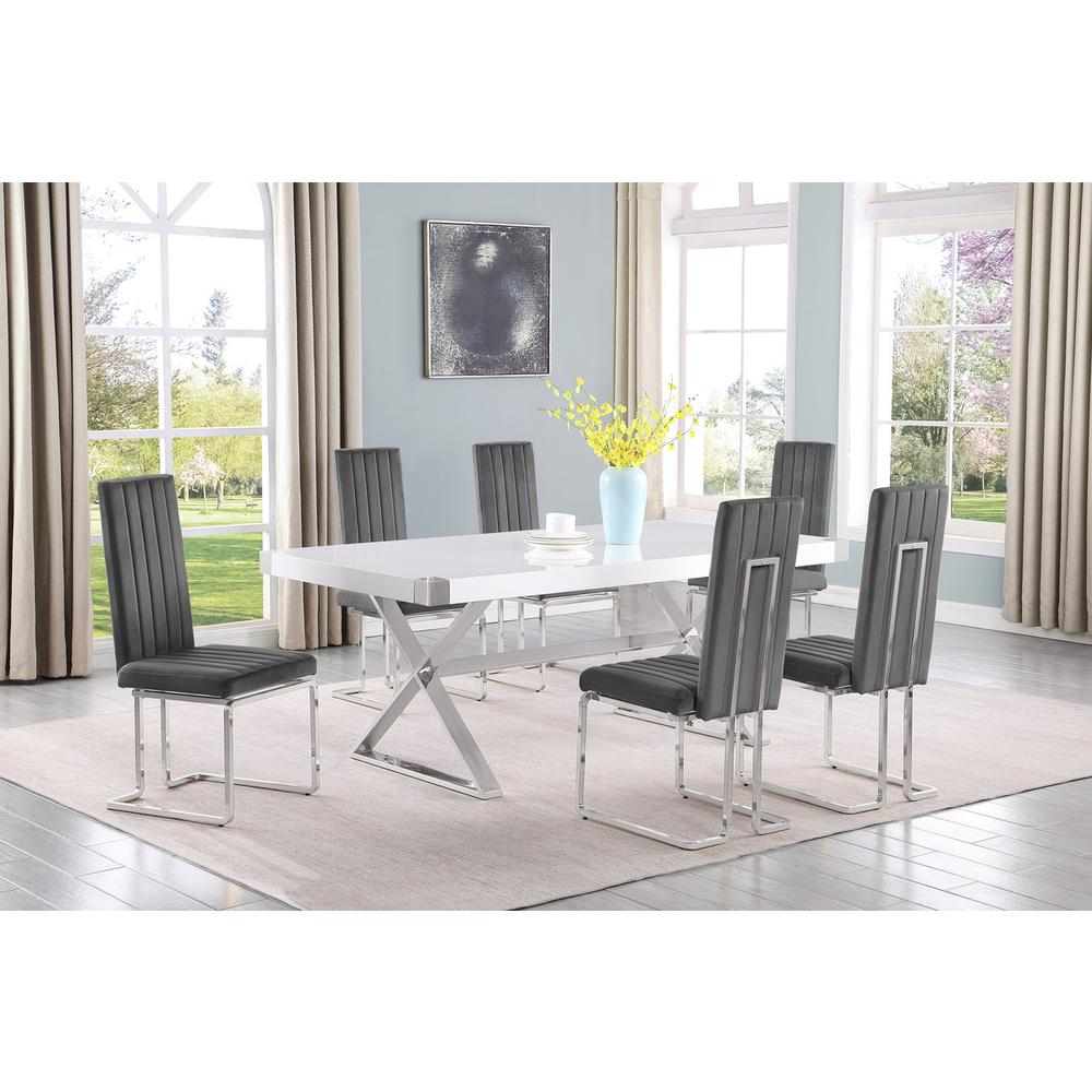 7pc Small(78") white wood top dining set with silver base and 6 chiars. Picture 4